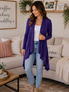 Azules Purple Draped Open Front Cardigan Size Small Lightweight Long Sleeve